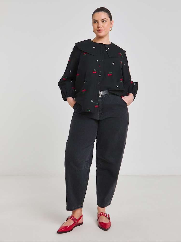 Simply Be Black Embroidered Cherry 100% Cotton Blouse - Image 4 of 4