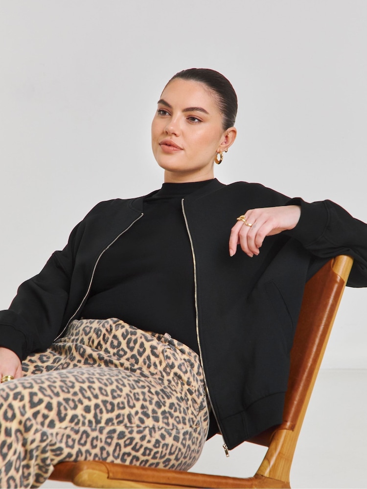 Simply Be Black Zip Through Bomber Jacket - Image 1 of 4