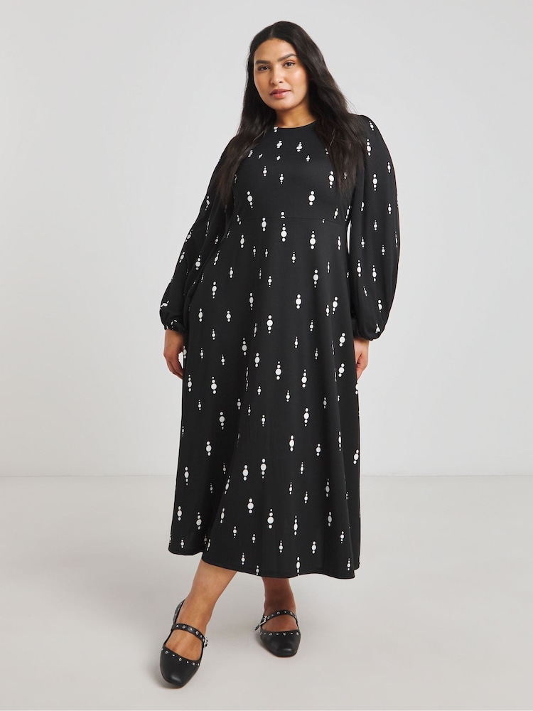 Simply Be Black Mono Print Supersoft Midi Dress - Image 1 of 4