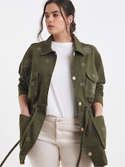Simply Be Green Floral Embroidered Uitlity 100% Cotton Jacket - Image 1 of 4
