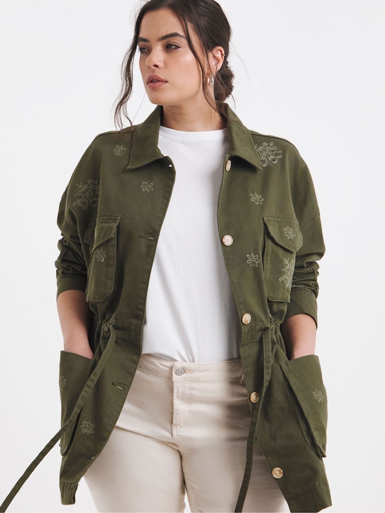 Simply Be Green Floral Embroidered Uitlity 100% Cotton Jacket - Image 1 of 4