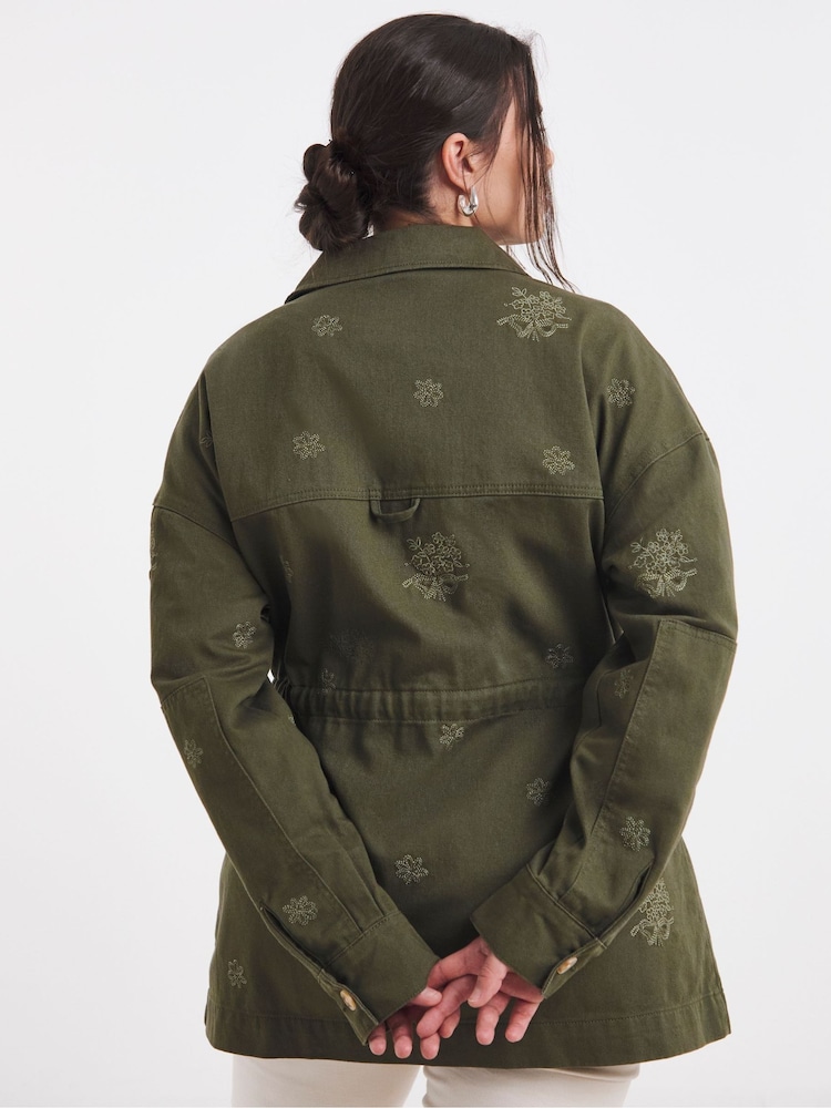 Simply Be Green Floral Embroidered Uitlity 100% Cotton Jacket - Image 2 of 4