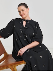 Simply Be Black Embroidered Bow Front Midi 100% Cotton Dress - Image 1 of 4