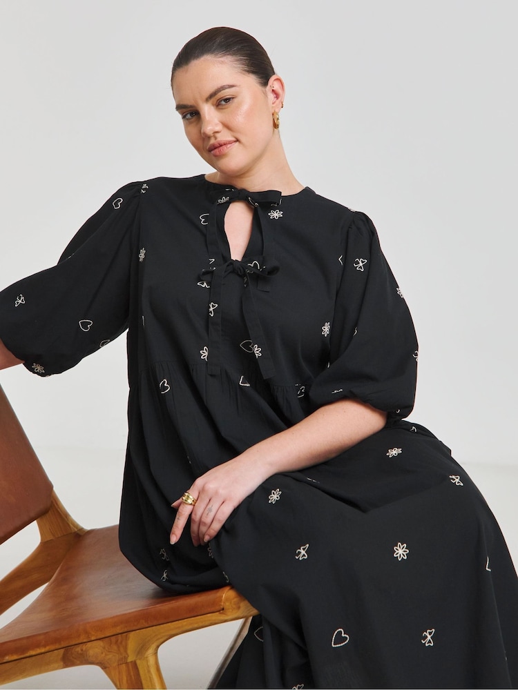 Simply Be Black Embroidered Bow Front Midi 100% Cotton Dress - Image 1 of 4