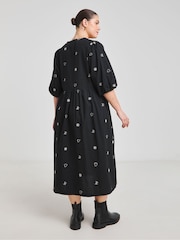 Simply Be Black Embroidered Bow Front Midi 100% Cotton Dress - Image 2 of 4
