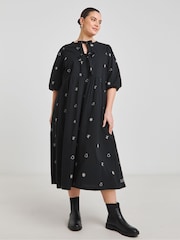 Simply Be Black Embroidered Bow Front Midi 100% Cotton Dress - Image 4 of 4