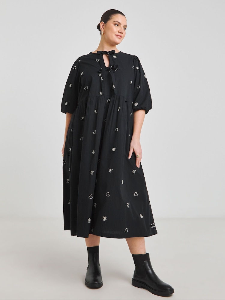 Simply Be Black Embroidered Bow Front Midi 100% Cotton Dress - Image 4 of 4
