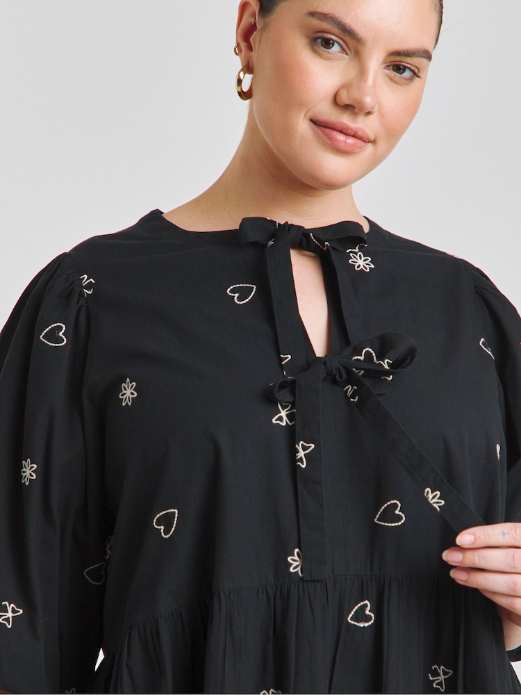 Simply Be Black Embroidered Bow Front Midi 100% Cotton Dress - Image 4 of 4 Simply Be Black Embroidered Bow Front Midi 100% Cotton Dress - Image 4 of 4