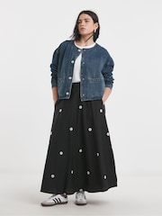 Simply Be Black Floral Embroidered Midaxi 100% Cotton Skirt - Image 1 of 4
