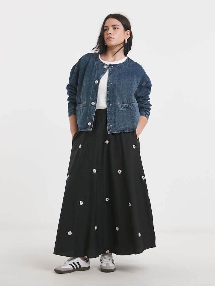 Simply Be Black Floral Embroidered Midaxi 100% Cotton Skirt - Image 1 of 4