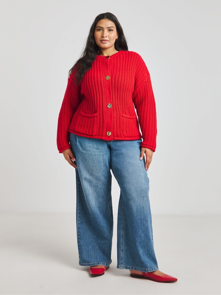 Simply Be Red Chunky Cardigan With Hammered Buttons - Image 1 of 4