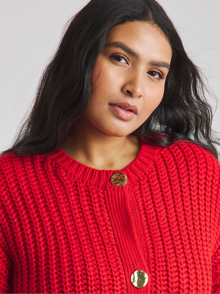 Simply Be Red Chunky Cardigan With Hammered Buttons - Image 2 of 4