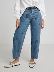 Simply Be Blue Embroidered Barrel Leg 100% Cotton Jeans - Image 1 of 4