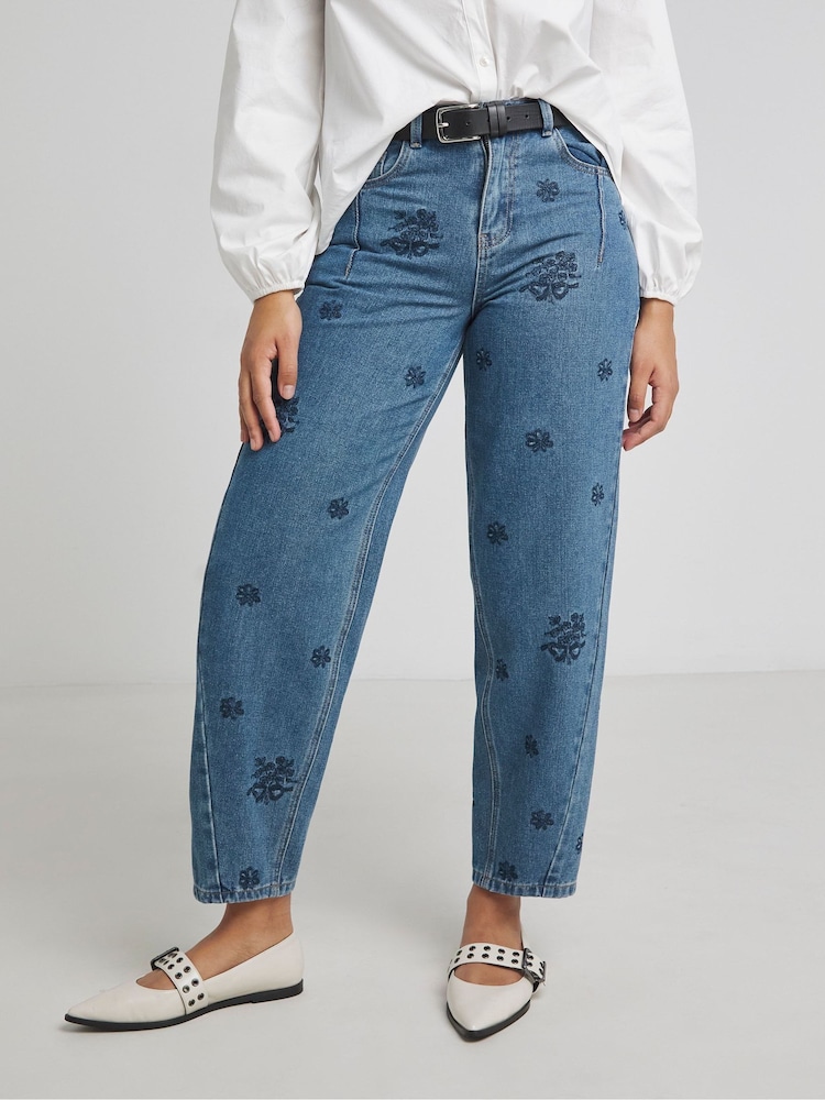 Simply Be Blue Embroidered Barrel Leg 100% Cotton Jeans - Image 1 of 4