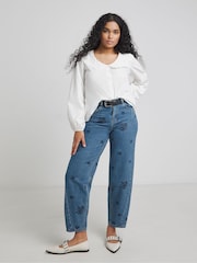 Simply Be Blue Embroidered Barrel Leg 100% Cotton Jeans - Image 2 of 4