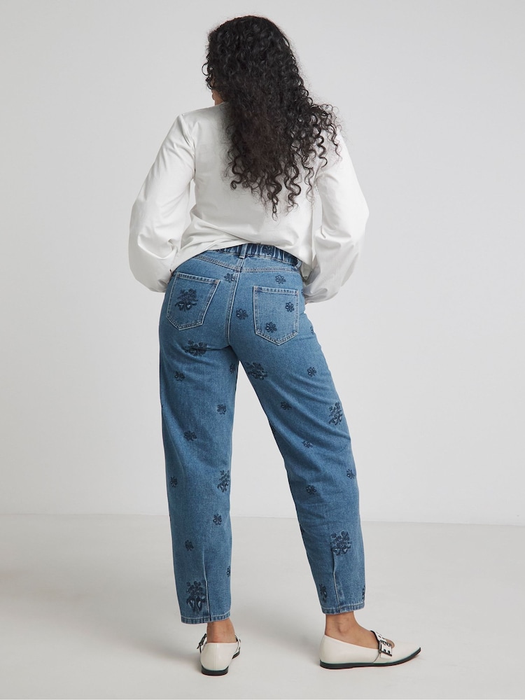 Simply Be Blue Embroidered Barrel Leg 100% Cotton Jeans - Image 2 of 4