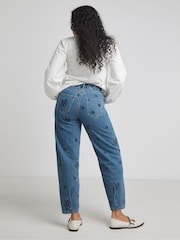Simply Be Blue Embroidered Barrel Leg 100% Cotton Jeans - Image 3 of 4