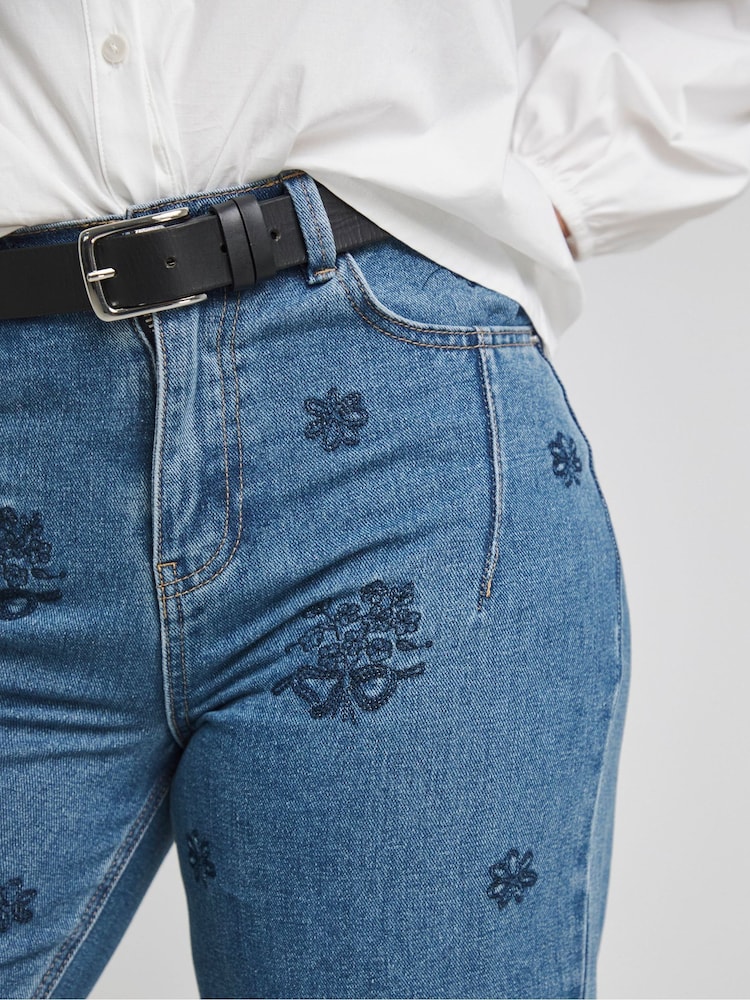 Simply Be Blue Embroidered Barrel Leg 100% Cotton Jeans - Image 4 of 4