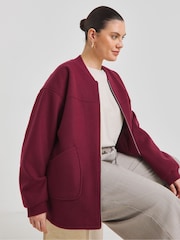 Simply Be Burgundy Faux Wool Zip Front Bomber Jacket - Image 1 of 4