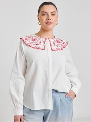 Simply Be White Contrast Embroidered Collar 100% Cotton Blouse - Image 1 of 4