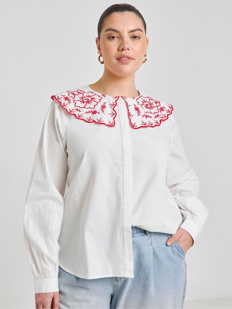 Simply Be White Contrast Embroidered Collar 100% Cotton Blouse - Image 1 of 4