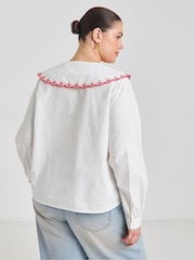 Simply Be White Contrast Embroidered Collar 100% Cotton Blouse - Image 2 of 4