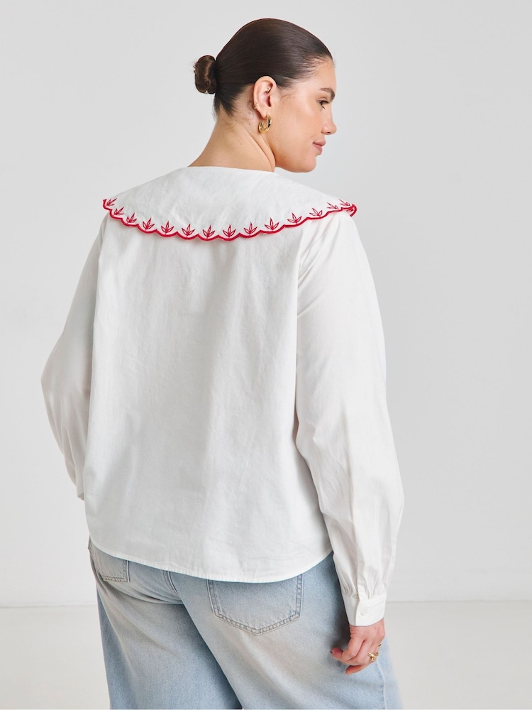 Simply Be White Contrast Embroidered Collar 100% Cotton Blouse - Image 2 of 4 Simply Be White Contrast Embroidered Collar 100% Cotton Blouse - Image 2 of 4