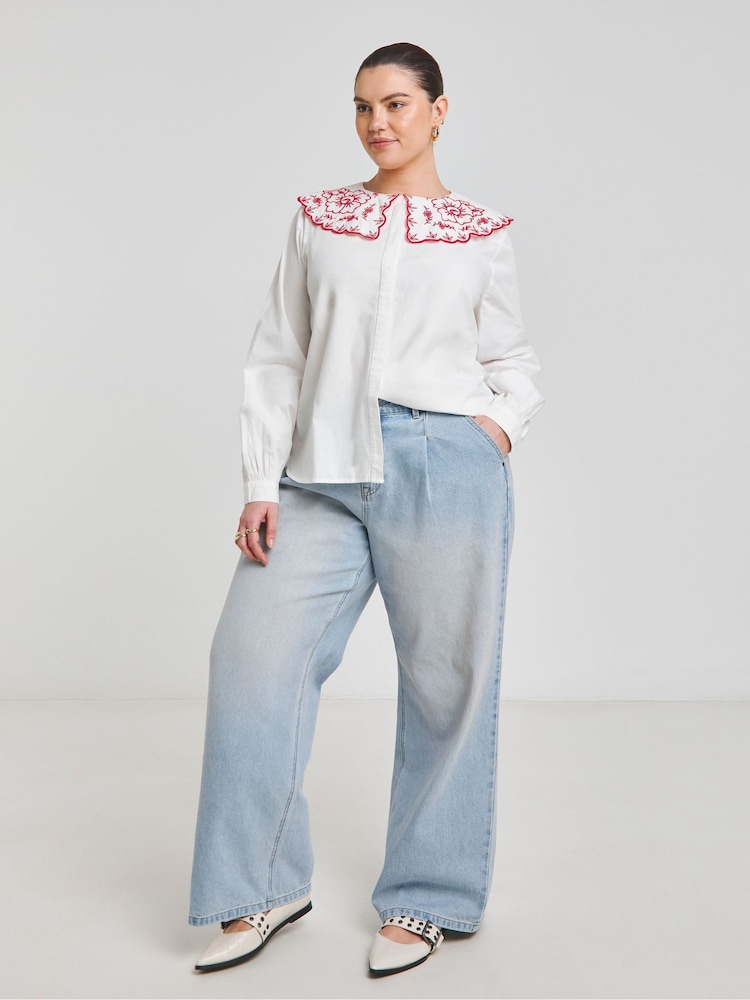Simply Be White Contrast Embroidered Collar 100% Cotton Blouse - Image 4 of 4