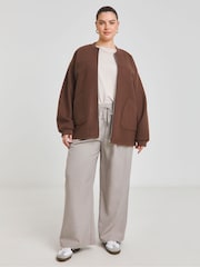 Simply Be Chocolate Brown Faux Wool Zip Front Bomber Jacket - Image 1 of 4