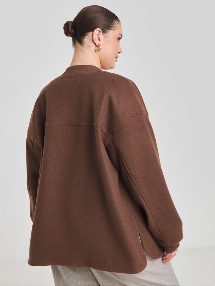 Simply Be Chocolate Brown Faux Wool Zip Front Bomber Jacket - Image 2 of 4