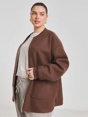 Simply Be Chocolate Brown Faux Wool Zip Front Bomber Jacket - Image 4 of 4