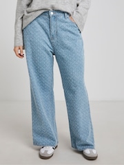 Simply Be Blue Linear Distressed Wide Leg Jeans - Image 1 of 4