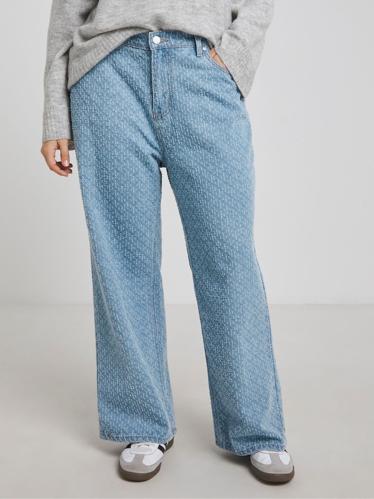 Simply Be Blue Linear Distressed Wide Leg Jeans - Image 1 of 4