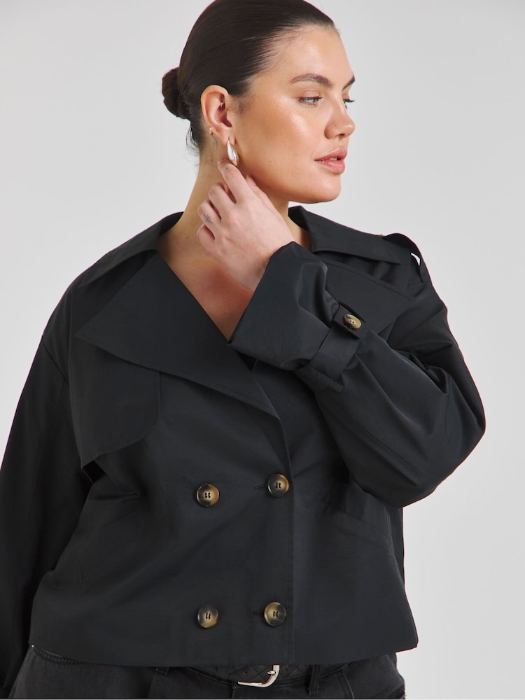 Simply Be Black Cropped Trench Coat - Image 2 of 4 Simply Be Black Cropped Trench Coat - Image 2 of 4