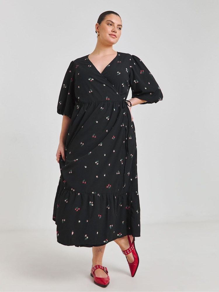 Simply Be Black Puff Sleeve Woven Wrap Midi Dress - Image 1 of 4 Simply Be Black Puff Sleeve Woven Wrap Midi Dress - Image 1 of 4