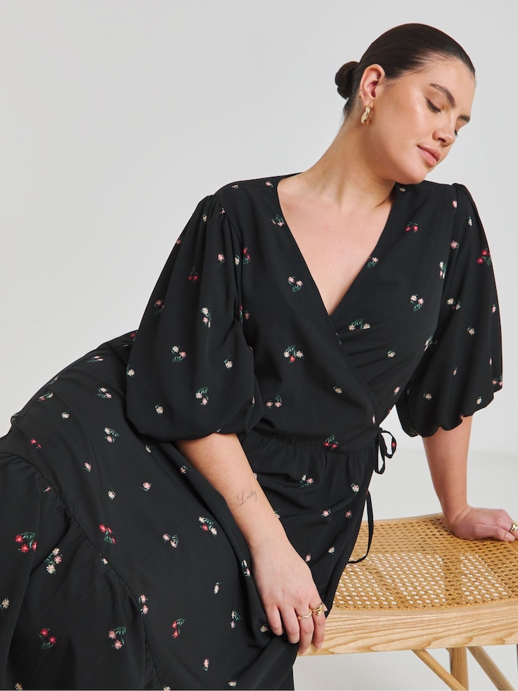Simply Be Black Puff Sleeve Woven Wrap Midi Dress - Image 2 of 4 Simply Be Black Puff Sleeve Woven Wrap Midi Dress - Image 2 of 4