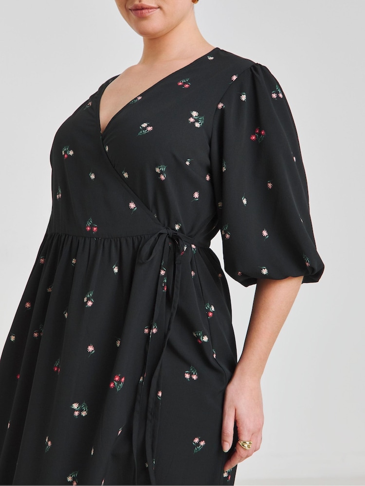 Simply Be Black Puff Sleeve Woven Wrap Midi Dress - Image 4 of 4 Simply Be Black Puff Sleeve Woven Wrap Midi Dress - Image 4 of 4
