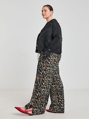 Simply Be Brown Leopard Print Drawstring Wide Leg Trousers - Image 1 of 4