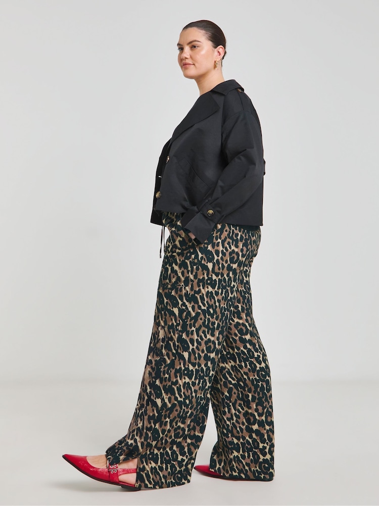 Simply Be Brown Leopard Print Drawstring Wide Leg Trousers - Image 1 of 4