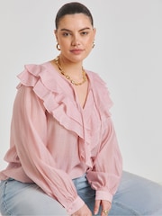 Simply Be Pink Ruffle V-Neck Blouse - Image 1 of 4