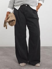 Simply Be Black Pleat Detail Wide Leg 100% Cotton Jeans - Image 1 of 4