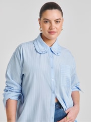Simply Be Blue Ruffle Collar Stripe Shirt - Image 1 of 4