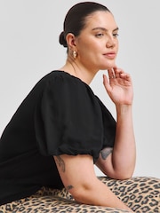 Simply Be Black Puff Sleeve Rib T-Shirt - Image 3 of 4