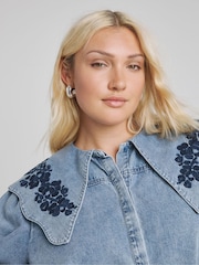 Simply Be Puff Sleeve Denim Blouse With Embroidered Collar - Imagen 1 de 4
