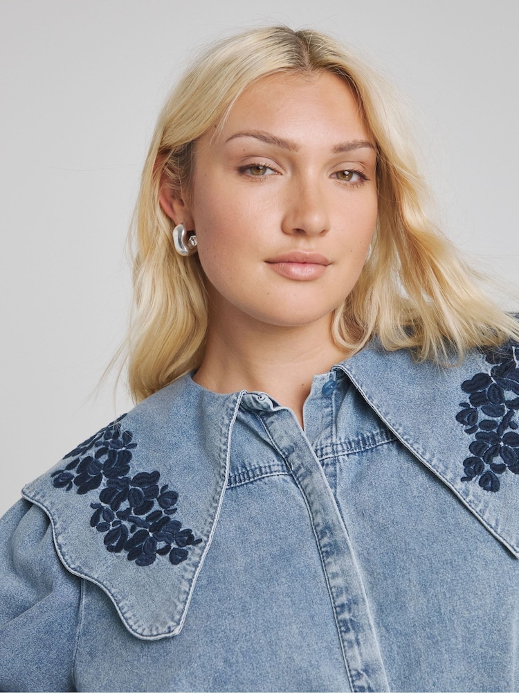 Simply Be Puff Sleeve Denim Blouse With Embroidered Collar - Imagen 1 de 4