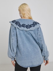 Simply Be Puff Sleeve Denim Blouse With Embroidered Collar - Imagen 2 de 4