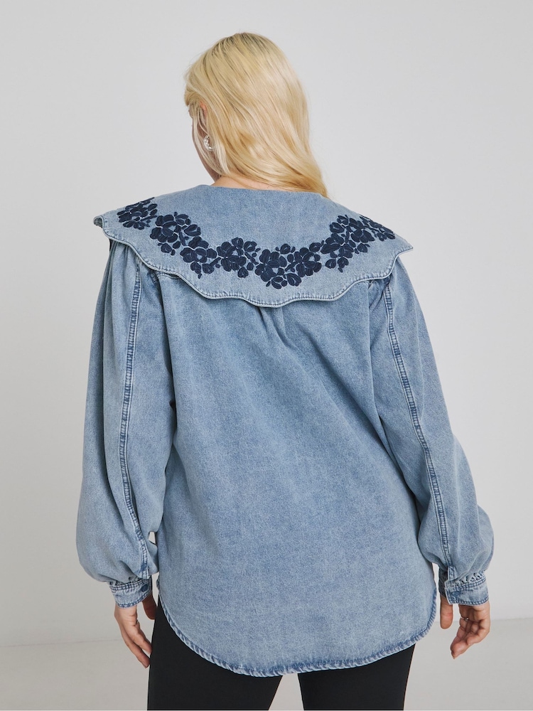 Simply Be Puff Sleeve Denim Blouse With Embroidered Collar - Imagen 2 de 4
