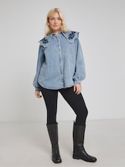 Simply Be Puff Sleeve Denim Blouse With Embroidered Collar - Imagen 4 de 4