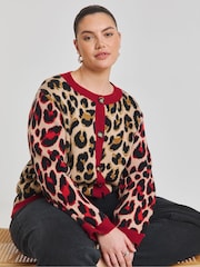 Simply Be Red Leopard Print Jacquard Cardigan - Image 1 of 4