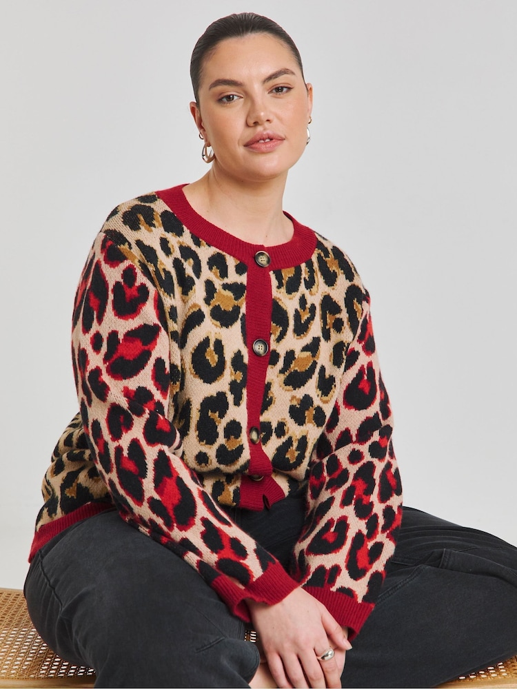 Simply Be Red Leopard Print Jacquard Cardigan - Image 1 of 4
